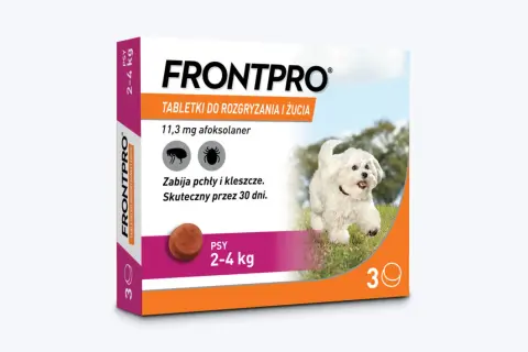 Co najlepsze na kleszcze dla psa? Tabletki Frontpro dla psów 2-4 kg, skuteczne przez 30 dni.