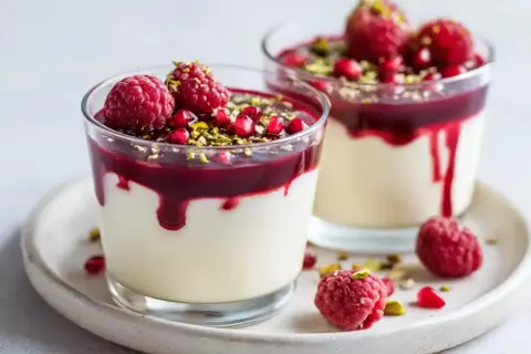 Två glas med krämig dessert, toppad med hallon, granatäpple och pistagenötter. Perfekt dessert nyårsafton!