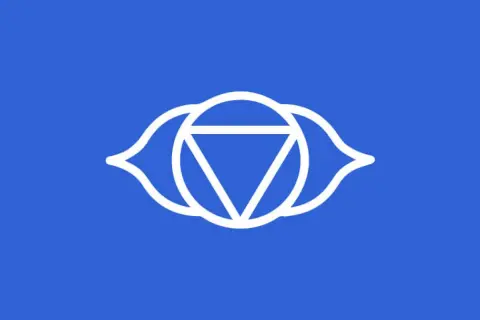 Símbolo blanco del ajna chakra, el tercer ojo, sobre fondo azul.