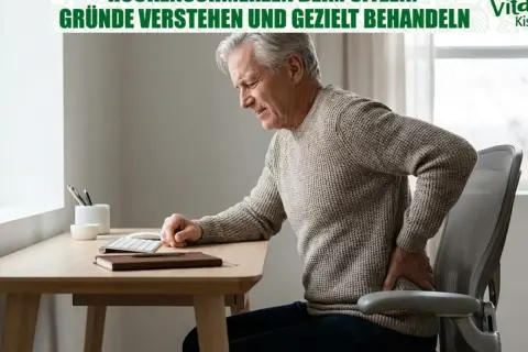 Älterer Mann mit schmerzen beim sitzen am Schreibtisch, hält sich den Rücken.