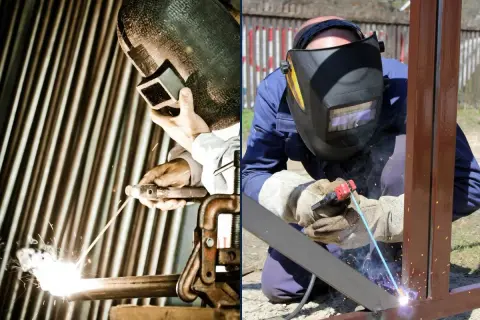 Spawanie elektrodą dla początkujących: dwie sceny, jedna z pracownikiem w masce spawalniczej, druga z mężczyzną w niebieskim kombinezonie, który spawa metal.