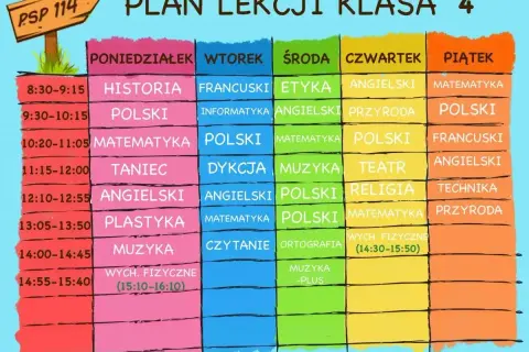 Plan lekcji klasy 4: historia, polski, matematyka, taniec, angielski, plastyka, muzyka, francuski, informatyka, dykcja, czytanie, ortografia, etyka, przyroda, teatr, religia, technika, wychowanie fizyczne.