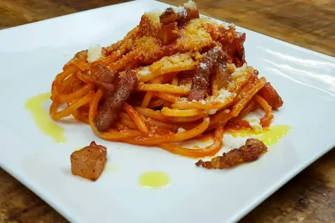 Bucatini con salsa amatriciana, cubos de guanciale crujiente y queso rallado, servido en plato blanco.