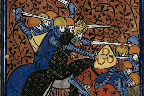Rycerze w zbrojach walczą mieczami. Tak każe obyczaj, by bronić honoru i ziemi.