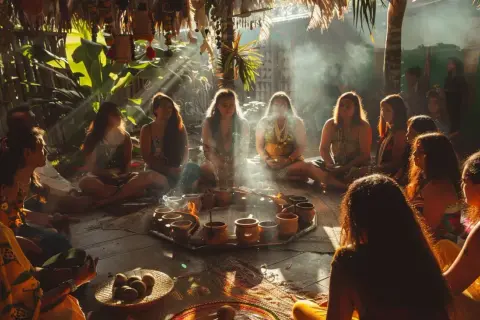 Grupa ludzi siedzi w kręgu, otoczona dymem i promieniami słońca, przygotowując się do ceremonii ayahuasca.