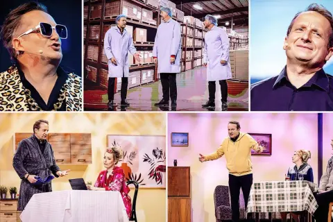 Kabaret Moralnego Niepokoju: zabawne scenki z życia, od magazynu po domowe perypetie.