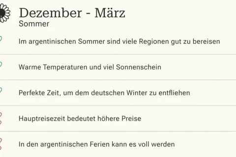 Dezember-März: Argentiniens Sommer bietet warme Temperaturen und Sonnenschein. Die beste Reisezeit, um dem deutschen Winter zu entfliehen, aber Hauptreisezeit bedeutet höhere Preise.