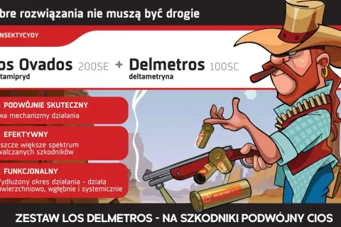 Kowboj z cygarem prezentuje zestaw Los Ovados i Delmetros 100SC, skuteczne rozwiązanie przeciw szkodnikom.