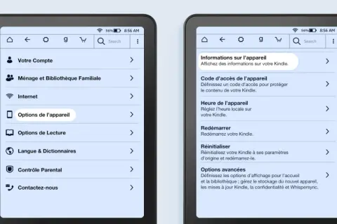 Paramètres du format lecture Kindle : options de l'appareil, heure, redémarrage, réinitialisation et options avancées.