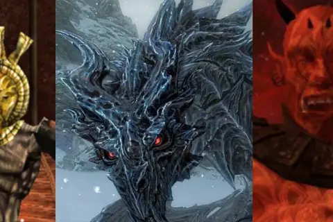 Postacie z gier: złota maska, smok z czerwonymi oczami i czerwony demon. Czy to Dagoth Ur i jego sojusznicy?