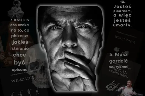Mroczny portret mężczyzny, obok cytat o przyszłości: "Jesteś pisarzem, a więc jesteś umarły.