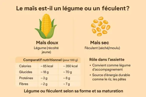 Le maïs est-il une céréale ? L'image compare le maïs doux (légume) et le maïs sec (féculent), montrant leurs rôles et valeurs nutritionnelles.