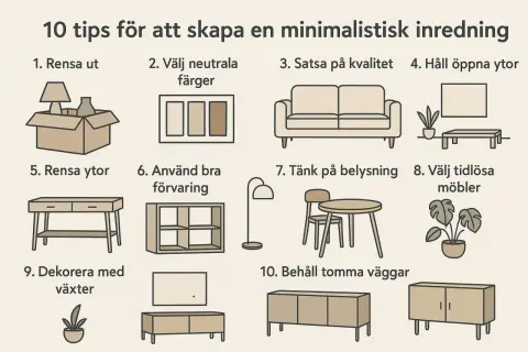 Illustrationer visar 10 tips för ett minimalistiskt hem: rensa ut, välj neutrala färger, satsa på kvalitet, håll öppna ytor, använd bra förvaring, tänk på belysning, välj tidlösa möbler, dekorera med växter och behåll tomma väggar.