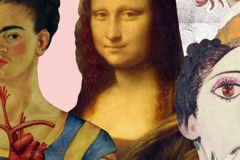 Kolaż słynnych obrazów z kobietą: Frida Kahlo z sercem, Mona Lisa i portret Picassa.