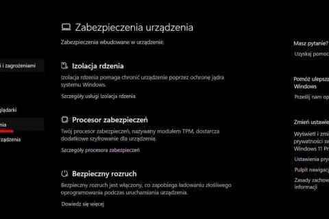 Zabezpieczenia urządzenia w Windows 11: izolacja rdzenia chroni jądro systemu. Zobacz szczegóły.