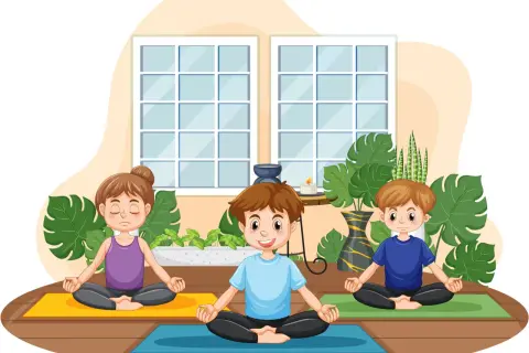 Niños practicando posturas yoga, sentados en esterillas con los ojos cerrados y las manos en mudra. Un ambiente sereno con plantas y ventanas.