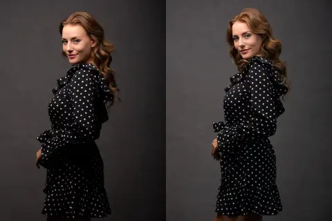 A woman in a polka dot dress poses, showcasing how fill light in photography can illuminate details and create a captivating portrait.
