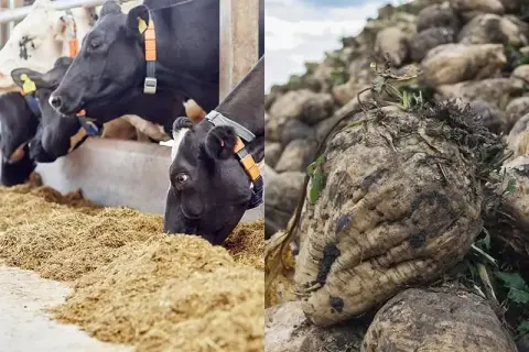 Krowy mleczne jedzą wysłodki buraczane mokre. Obok stos świeżych buraków, z których powstaje pasza.