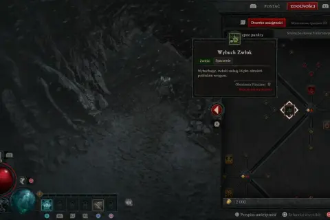 Diablo 4: nekromanta build. Drzewko umiejętności z aktywną zdolnością "Wybuch Zwłok", która zadaje obrażenia pobliskim wrogom.