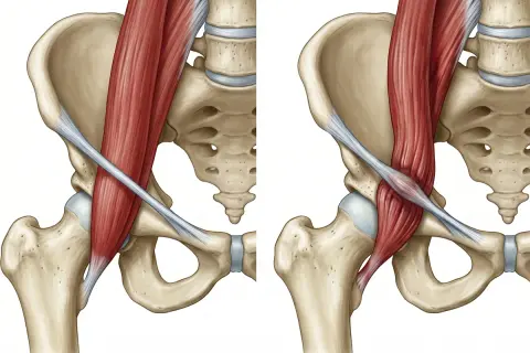 Anatomia biodra: po lewej mięsień przyczepiony luźno, po prawej widać przeskakiwanie w biodrze, gdy mięsień napina się i przesuwa.