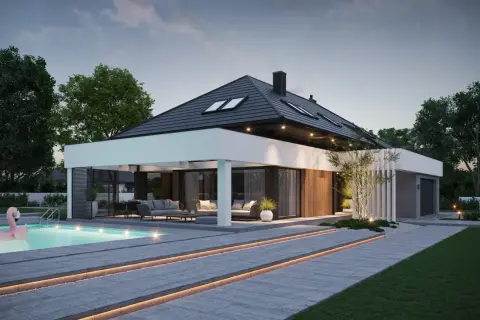 Nowoczesny projekt domu z basenem i dmuchanym flamingiem. Elegancka bryła, taras z sofami i oświetlony podjazd.