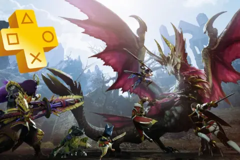 Gry co miesiąc PS Plus: bohaterowie walczą z potężnym smokiem w fantastycznym świecie.