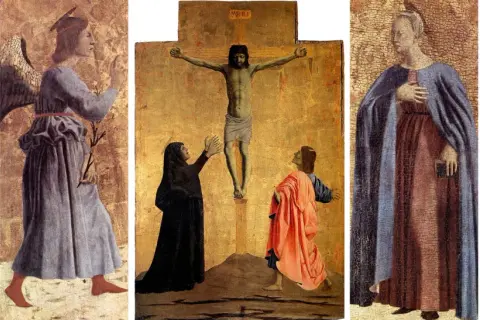 Il polittico della misericordia mostra San Francesco, un angelo, la crocifissione con la Vergine e San Giovanni, e una santa.
