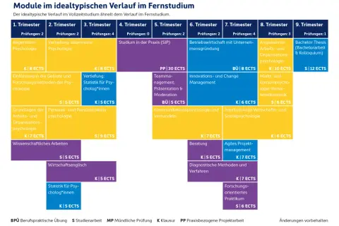 Wo kann man Wirtschaftspsychologie studieren? Dieser Studienverlaufsplan zeigt Module von Trimester 1-9, inkl. ECTS.