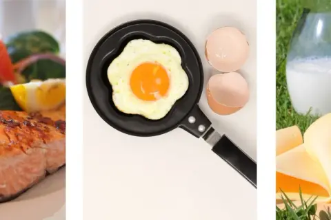 Salmone con insalata, uovo fritto e formaggio con latte: un pasto ideale per mangiare dopo allenamento e recuperare le energie.