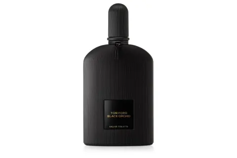 Elegancka, czarna butelka perfum Tom Ford Black Orchid, z charakterystycznymi pionowymi żłobieniami i złotą etykietą.