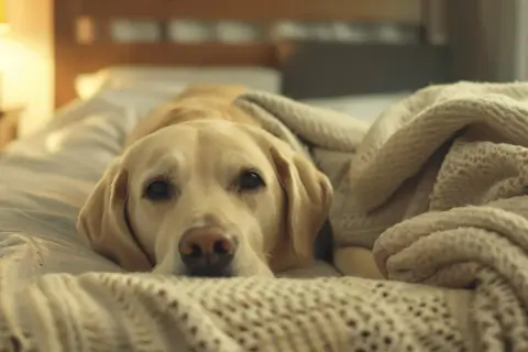 Labrador odpoczywa pod kocem. Zastanawiasz się, ile kosztuje hotel dla psa?