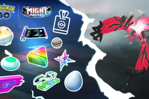 Grafika z gry Pokémon GO, przedstawiająca przedmioty i legendarnego Pokémona Yveltal. To świetny pokemon go poradnik dla graczy.