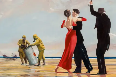 A couple dances on a beach while men in hazmat suits handle a barrel. The singing butler, in a suit and hat, raises an umbrella.