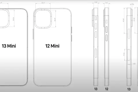 Porównanie iPhone 13 Mini i 12 Mini: schematyczne rysunki z wymiarami pokazują różnice w obudowie i aparacie.