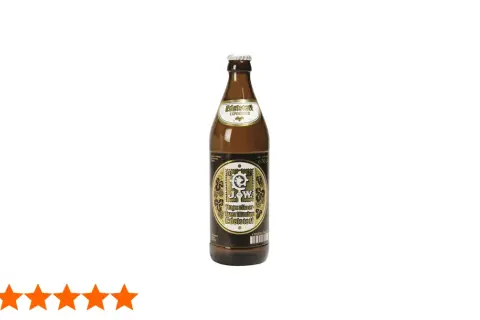 Augustiner Edelstoff Exportbier in brauner Flasche, bereit für einen Test. 4,8 Sterne Bewertung.
