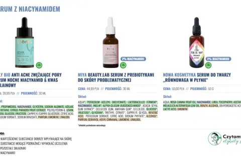 Serum z niacynamidem: Only Bio zwęża pory, Miya Beauty.lab z prebiotykami, a Nowa Kosmetyka przywraca równowagę. Niacynamid to kluczowy składnik!