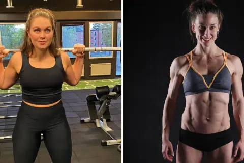 Två starka kvinnor med imponerande muskler. Den ena lyfter skivstång i gymmet, den andra visar upp sin vältränade fysik.