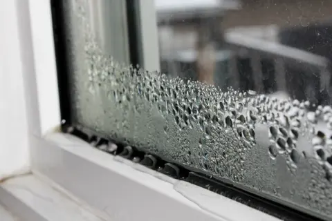 Krople wody na oknach po nocy tworzą wzory. Widać je na białej ramie okiennej.