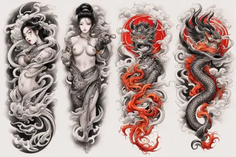 Diseños de tatuaje oriental: dos mujeres etéreas y un dragón feroz con un sol rojo.