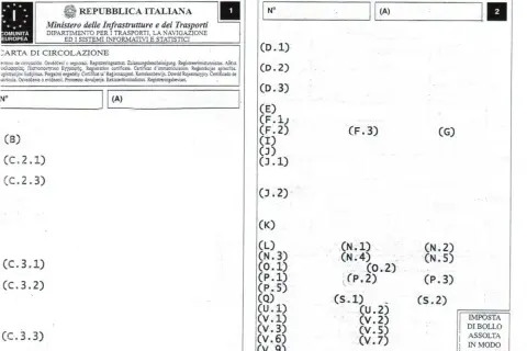 Documento "Carta di Circolazione" con campi codificati (A), (B), (C.2.1), (C.3.1), ecc. e sezioni numerate (1), (2).
