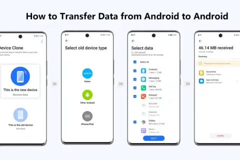 Guía para pasar todo de un móvil a otro Android. Muestra los pasos: seleccionar nuevo dispositivo, tipo de móvil antiguo, datos a transferir y progreso de recepción.