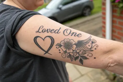 Tatuaje "Loved One" con un corazón, flores y un ala. Un recuerdo que hace que la persona sienta que su ser querido viva en Suecia.
