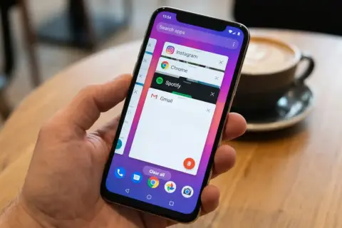 Mano sujetando un teléfono que muestra la pantalla de aplicaciones recientes, con Instagram, Chrome, Spotify y Gmail abiertas. Gestionando aplicaciones en segundo plano.