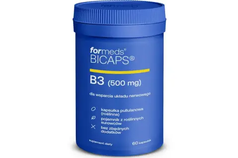 Niebieski pojemnik suplementu diety Formeds BICAPS B3 (500 mg) z kwasem nikotynowym dla wsparcia układu nerwowego.