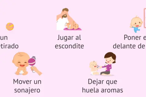 Ilustraciones de actividades para la estimulación temprana de bebés: jugar, sonajeros, espejo, aromas.