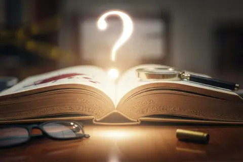 Un livre ouvert avec des taches rouges, une loupe, des lunettes et une douille de balle. Un point d'interrogation lumineux flotte au-dessus, évoquant les meilleurs polars.