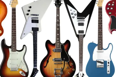 Vielfalt an E-Gitarrentypen: von klassisch bis extravagant, wie Les Paul, Stratocaster, Explorer, Flying V, SG und Telecaster.