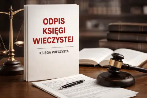 Odpis pisma z księgi wieczystej, waga sprawiedliwości, młotek sędziowski i dokumenty na biurku.