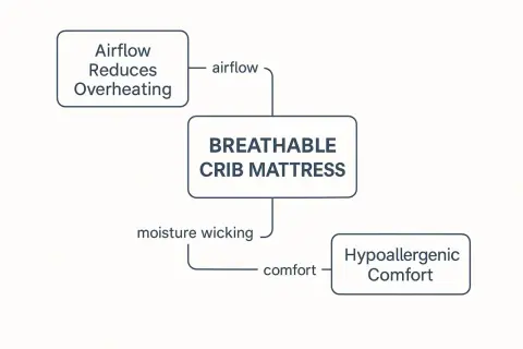 A breathable crib mattress offers airflow to reduce overheating, moisture wicking, and hypoallergenic comfort for a safe and cozy sleep.