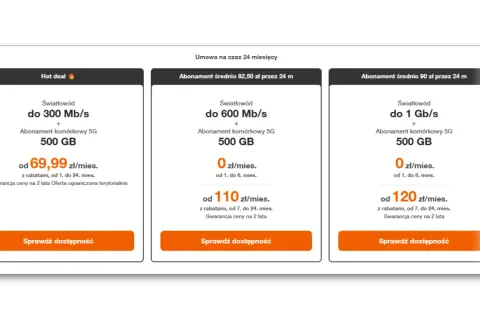 Oferty Orange: światłowód do 300 Mb/s z 500 GB internetu komórkowego za 69,99 zł/mies. Sprawdź, jak sprawdzić ile zostało internetu Orange abonament.